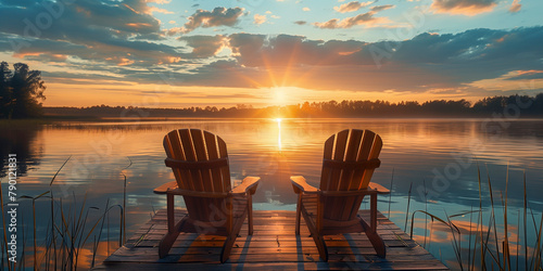 sunset over the lake, deckchairs on dock.  photo