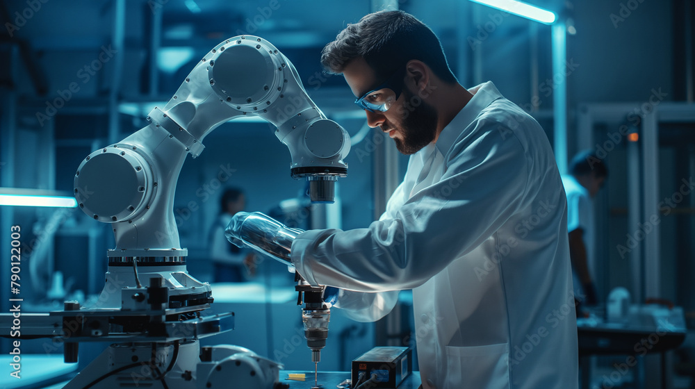 Surrounded by a team of engineers, the robotics specialist presents a concept for AI-driven industrial automation, visualizing the future of smart manufacturing. Surrounded by a team of engineers, the robotics specialist presents a concept for AI-driven industrial automation, visualizing the future of smart manufacturing.
