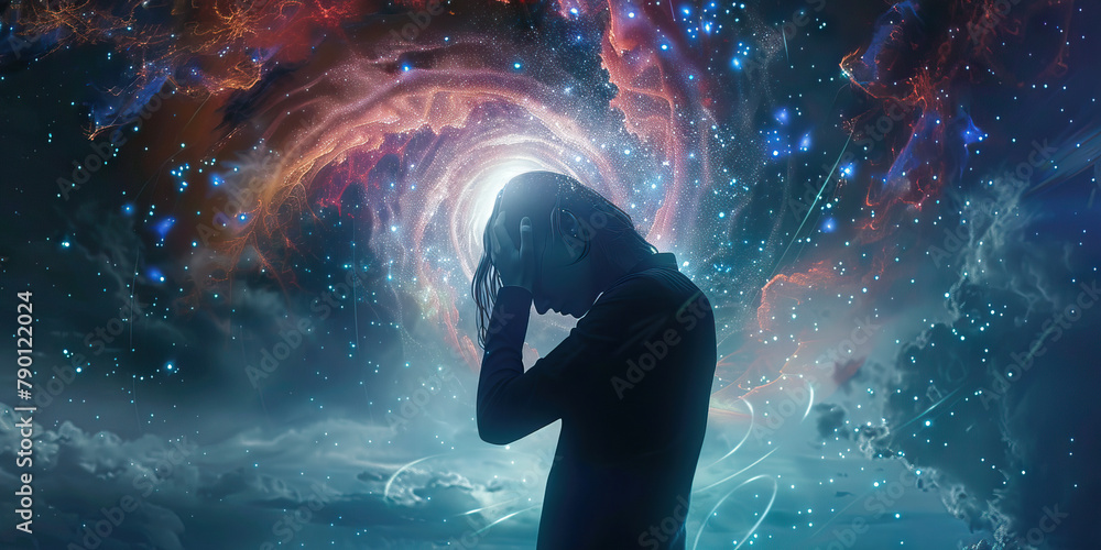 Concussion Crisis: The Headache and Dizziness - Picture a person holding their head, surrounded by stars and swirls, depicting a headache and dizziness - obrazy, fototapety, plakaty 