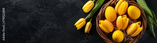 Yellow tulips and Easter eggs in a basket on a black background, top view, easter concept banner with copy space area for text, top view. #790122008