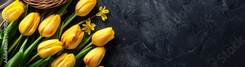 Yellow tulips and Easter eggs in a basket on a black background, top view, easter concept banner with copy space area for text, top view. #790122037