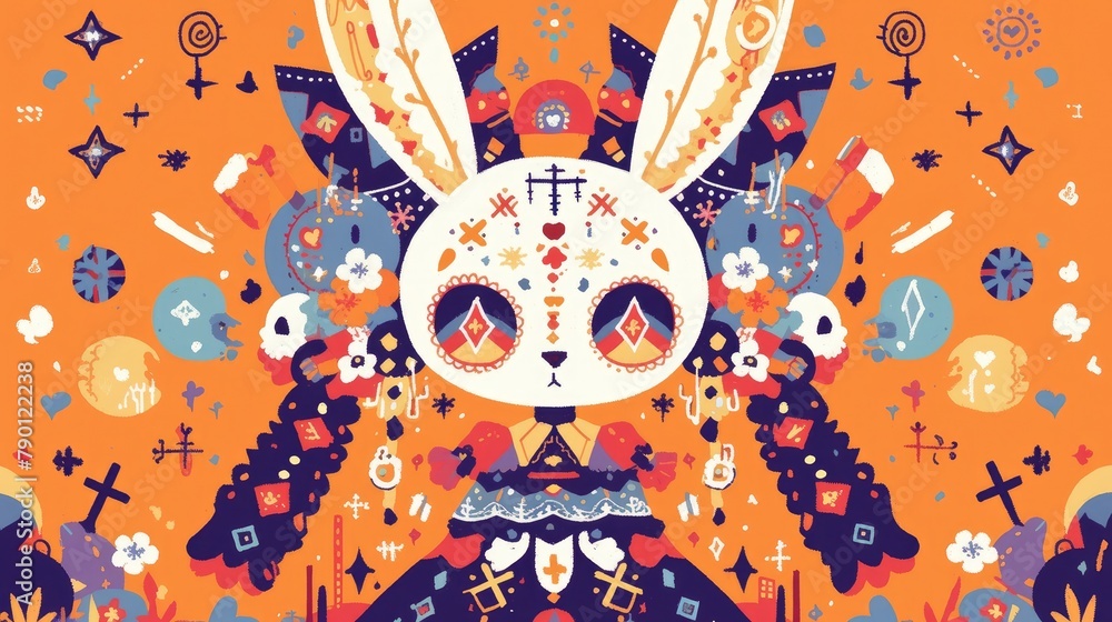 Fototapeta premium Get ready for an eye catching Halloween costume featuring a skull rabbit design with colorful prints and background details