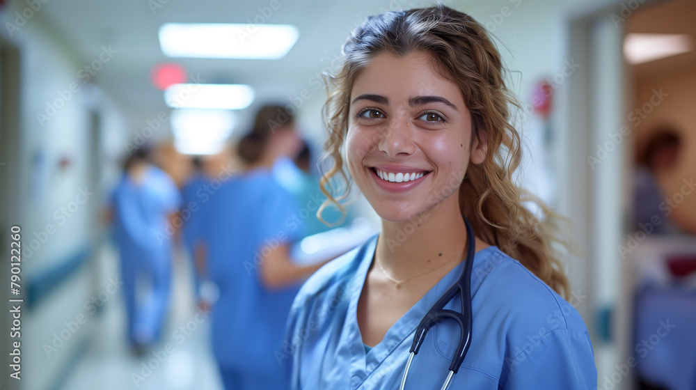 Fototapeta premium Portrait of happy young nurse in uniform looking at camera