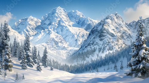 A serene winter mountain scene with snow-covered peaks rising above a tranquil alpine valley dotted with pine trees and surrounded by a clear blue sky isolated on a transparent background