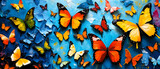 Colorful 3d painting of swarming butterflies in front of a blue sky