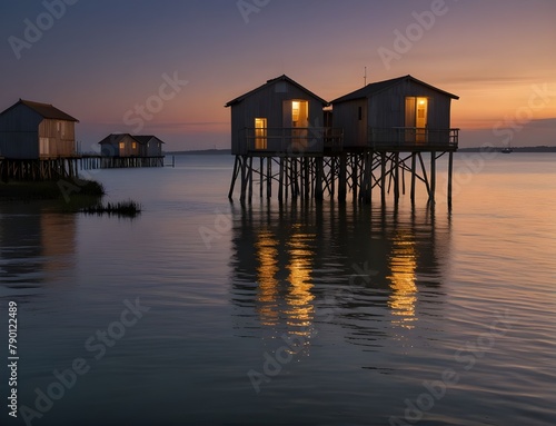 fishing huts on stilts at dusk in Fouras Aquitaine France 