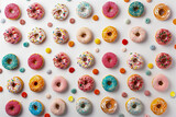 Multi-coloured doughnuts on white background, overhead view. 