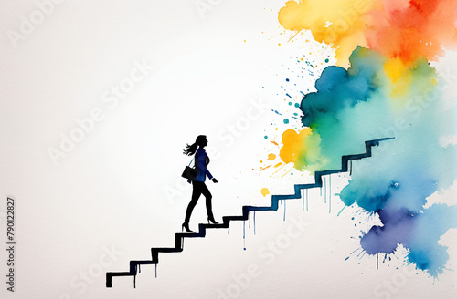 climbing to the top along a career path, moving up to success, simple drawing with watercolors, bright colors, a woman is climbing to the top of the career ladder © Sergey