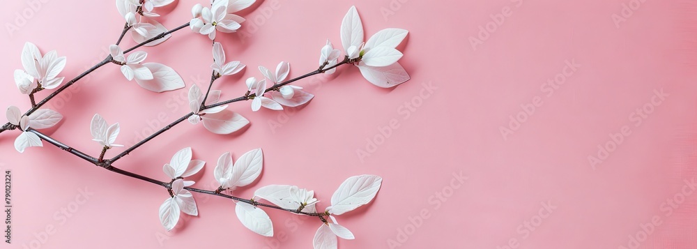 Fototapeta premium Fresh white magnolia branches on pastel pink background