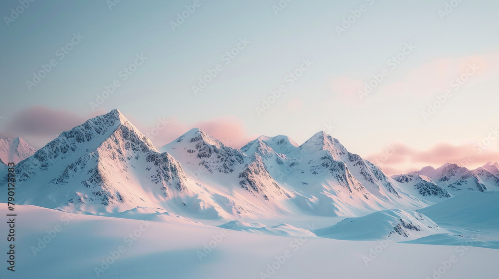 A breathtaking view of snow-covered mountains illuminated by the soft light of a winter sunset isolated on a transparent background showcasing the rugged beauty and tranquility of a snowy wilderness.