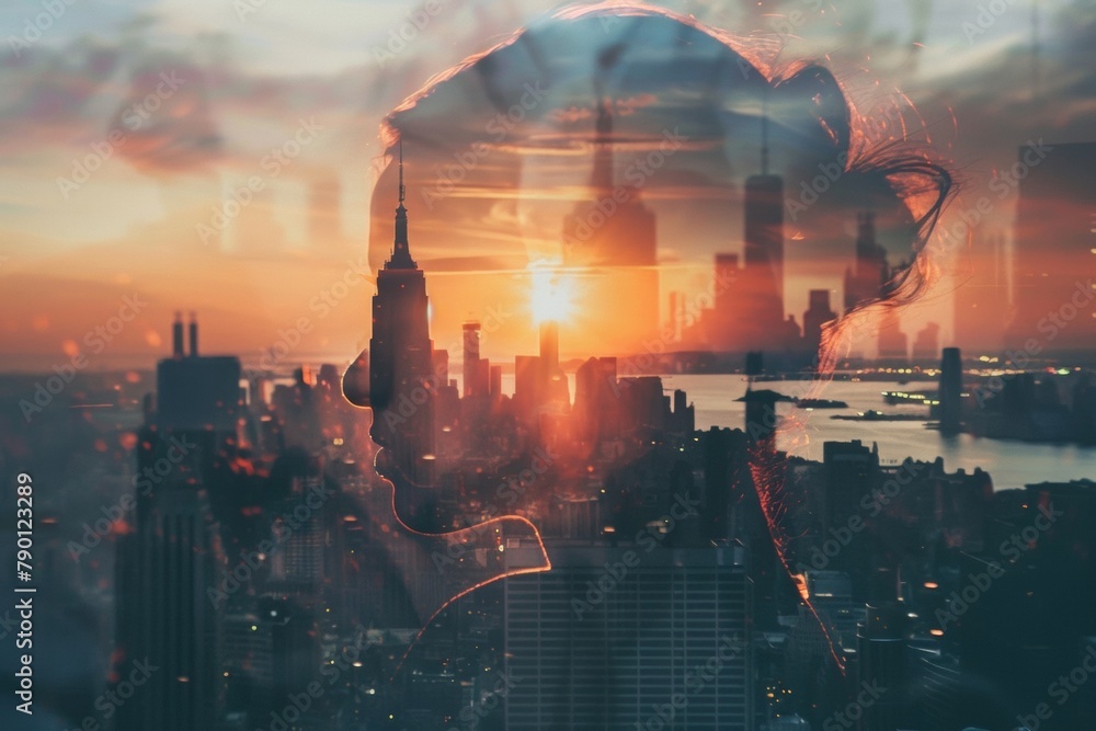 Artistic double exposure photo featuring a silhouette with city skyline during sunset