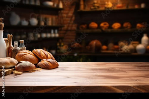 Bakery products, bread on wooden table in supermarket. Template for product display. World Bread Day.