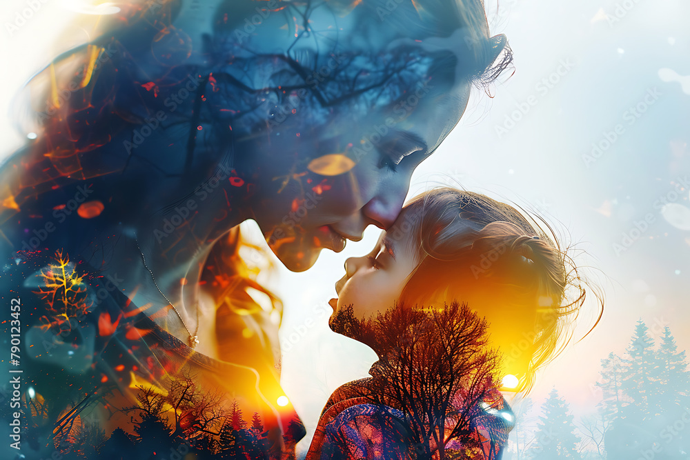 Stunning double exposure poster featuring a loving mother and child, symbolizing the bond and tenderness of motherhood - obrazy, fototapety, plakaty 