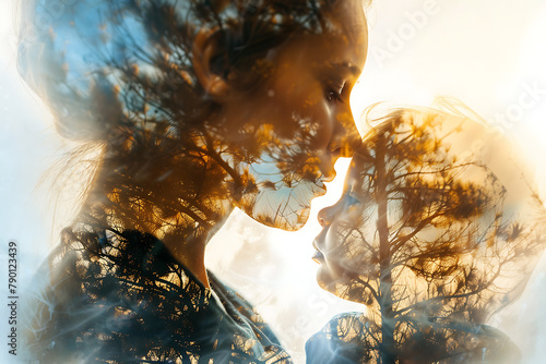 Stunning double exposure poster featuring a loving mother and child, symbolizing the bond and tenderness of motherhood