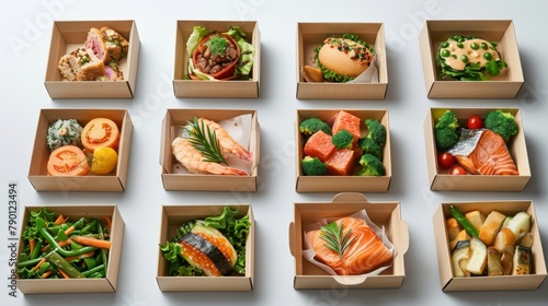A collection of food items in cardboard boxes, including sushi, salad