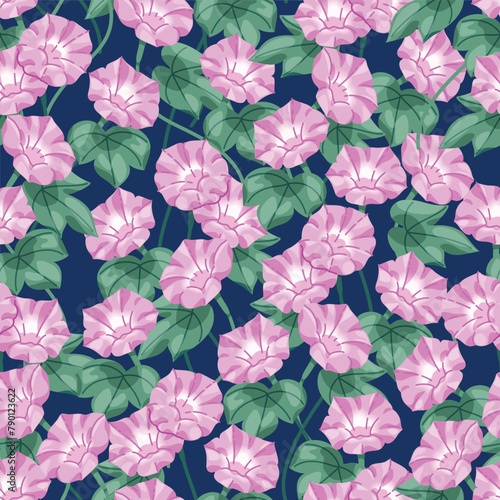 Seamless pattern of beautiful candy pink morning glory flowers. It's a pattern that looks feminine. Pattern for fabric and wrapping paper, Pattern for design wallpaper and fashion prints.