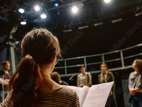 Diverse actors on stage rehearsing lines for a theater play in a professional setting. photo