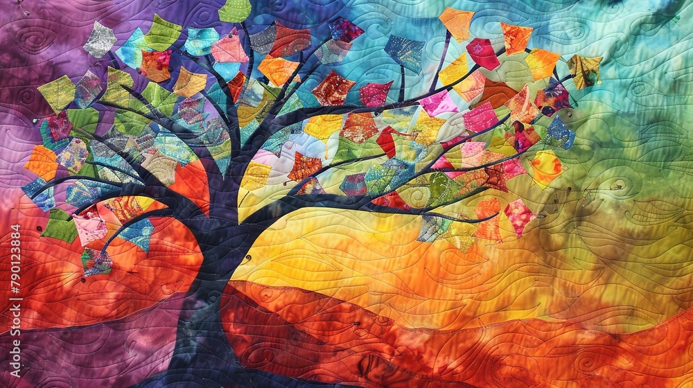 Colorful quilted fabric tree artwork with intricate patterns - obrazy, fototapety, plakaty 