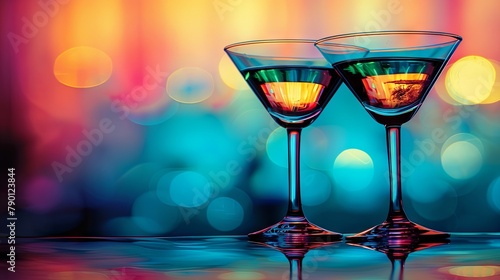 Vibrant cocktail glasses with colorful bokeh background