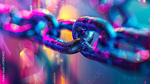 Vibrant neon lights on metallic chain links in abstract setting