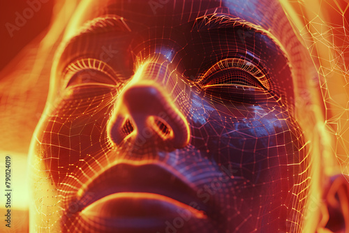 Glowing translucent wireframe visualization of a human face  perfect for futuristic and digital art projects