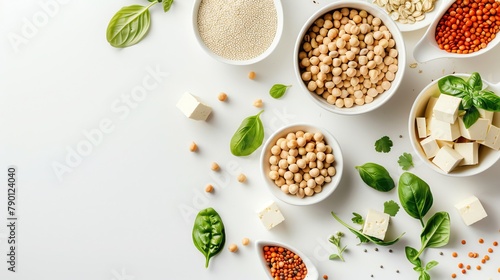 Vegan protein sources displayed, legumes and tofu, neutral background, text space, high angle photo