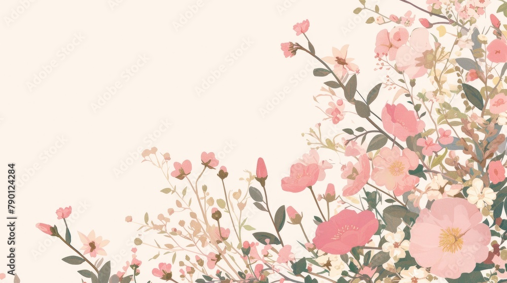 Design a 2d illustration featuring adorable pink flowers with branches and leaves for a fresh and charming look