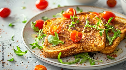 Gourmet French toast with cherry tomatoes and arugula on a white plate