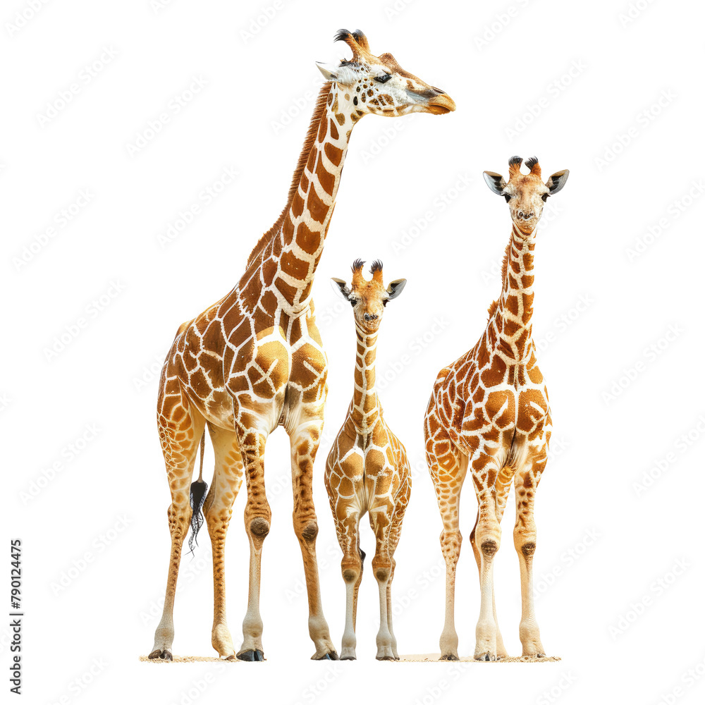 Family of giraffes on white or transparent background
