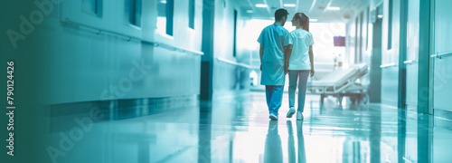 Healthcare professionals walking in hospital corridor