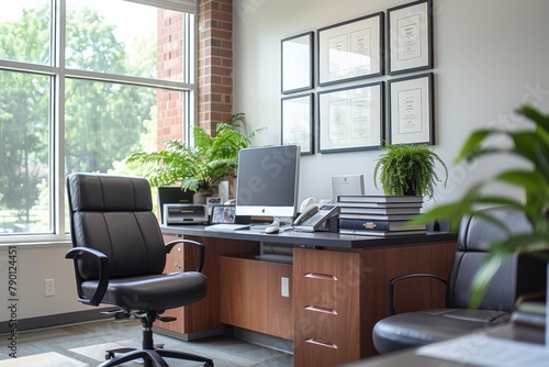 A well-appointed doctor s office featuring an executive chair, desktop computer, neat stack of books photo