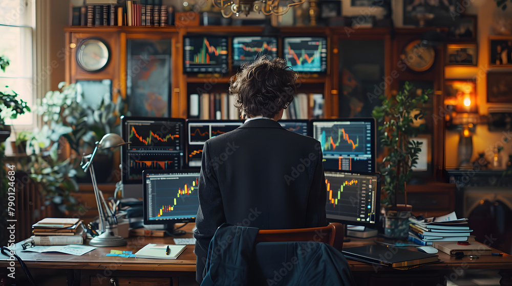 Dynamic and detailed photo of financial expert examining stock market trends and indicators, Array of financial charts and data on computer screens