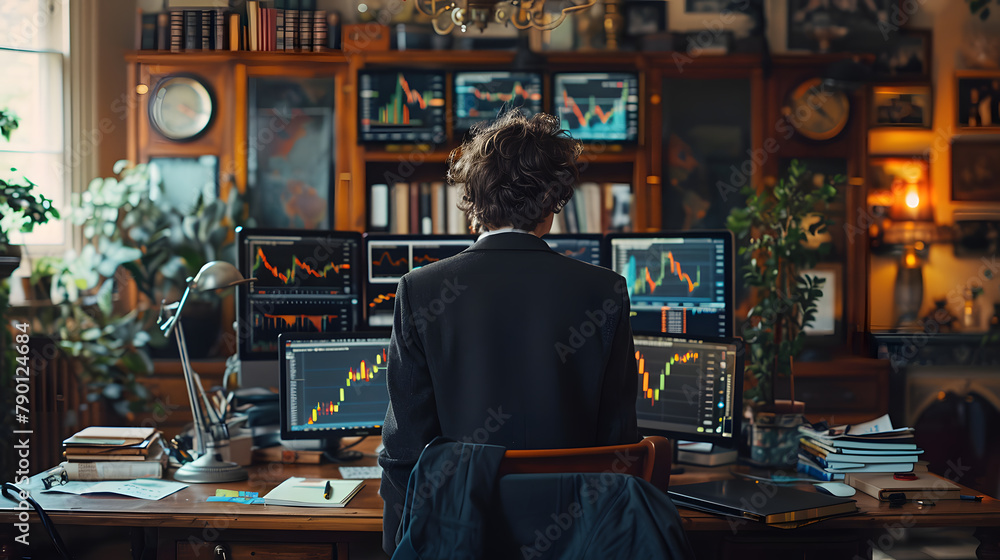 Dynamic and detailed photo of financial expert examining stock market trends and indicators, Array of financial charts and data on computer screens Dynamic and detailed photo of financial expert examining stock market trends and indicators, Array of financial charts and data on computer screens