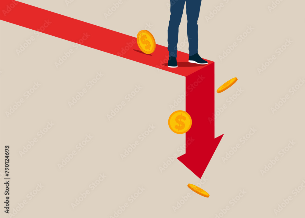 Man falling from stack of unstable money. Financial instability and stock market crash. Flat modern vector illustration. Man falling from stack of unstable money. Financial instability and stock market crash. Flat modern vector illustration.