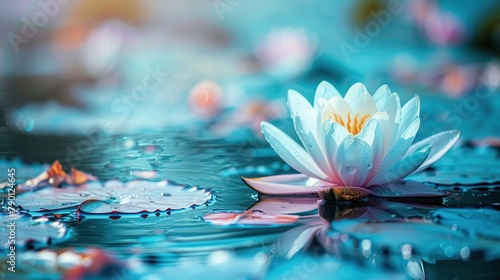 Abstract beautiful white lotus flower in blue pink water lily blooming on the water, magical spring,summer dreamy background