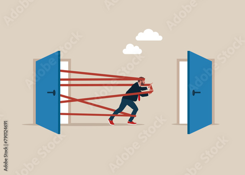 leaving company, people management or human resources problem concept, business people employee resign and walk through exit door. Flat vector illustration