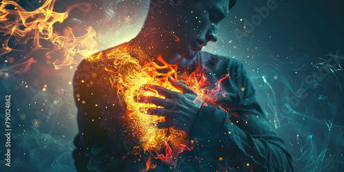 Heartburn Havoc: The Burning Sensation and Acidic Reflux - Visualize a person holding their chest, with flames and acid rising from their stomach, depicting the burning sensation and acidic reflux photo