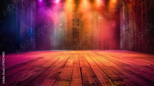 Vibrant stage lights on wooden floor at a modern performance venue