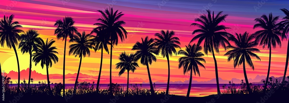 Tropical sunset paradise with silhouettes of palm trees and vibrant sky