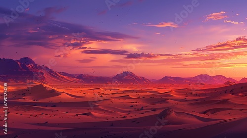 A beautiful landscape of a desert with mountains in the background. The sky is a gradient of purple and pink  and the sun is setting.