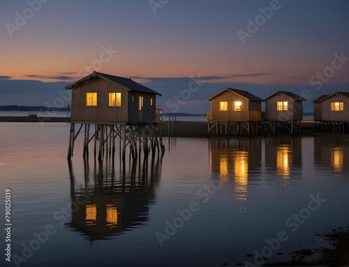 fishing huts on stilts at Fouras Aquitaine France at dusk  © Aoun