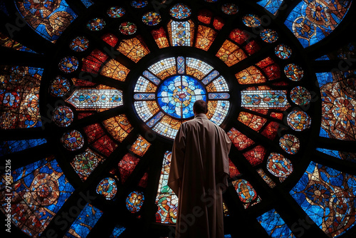 Beautiful artwork on a huge stained glass window towering over a priest, casting a solemn mood as he leads a religious congregation in prayer and mass during Sunday worship inside a Christian church.