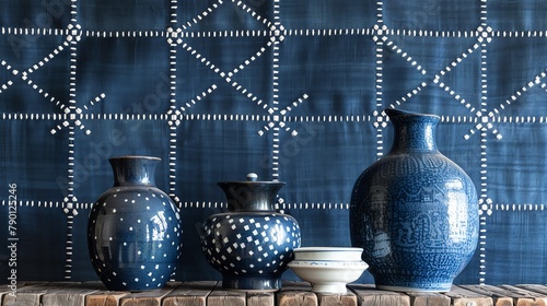 A variety of blue and white patterned vases sit on a wooden table against a background of blue and white patterned cloth photo