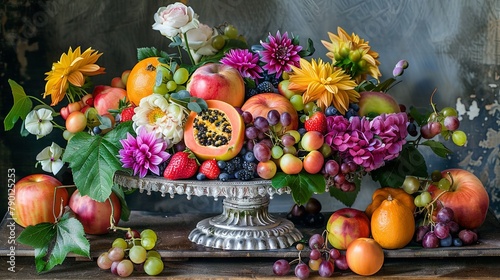 Colorful fruit and flower arrangement on vintage silver stand