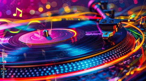 Vibrant DJ equipment with neon lights on a turntable
