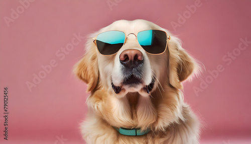Golden retriever with sunglasses on pink background. Studio stylish dog fashion wallpaper. 