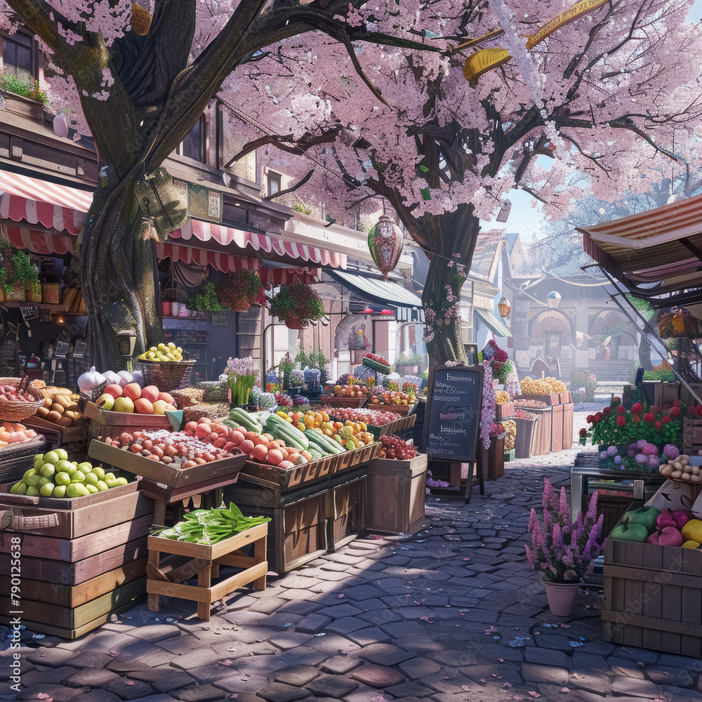 springtime outdoor market scene with fresh produce and blooming cherry blossoms