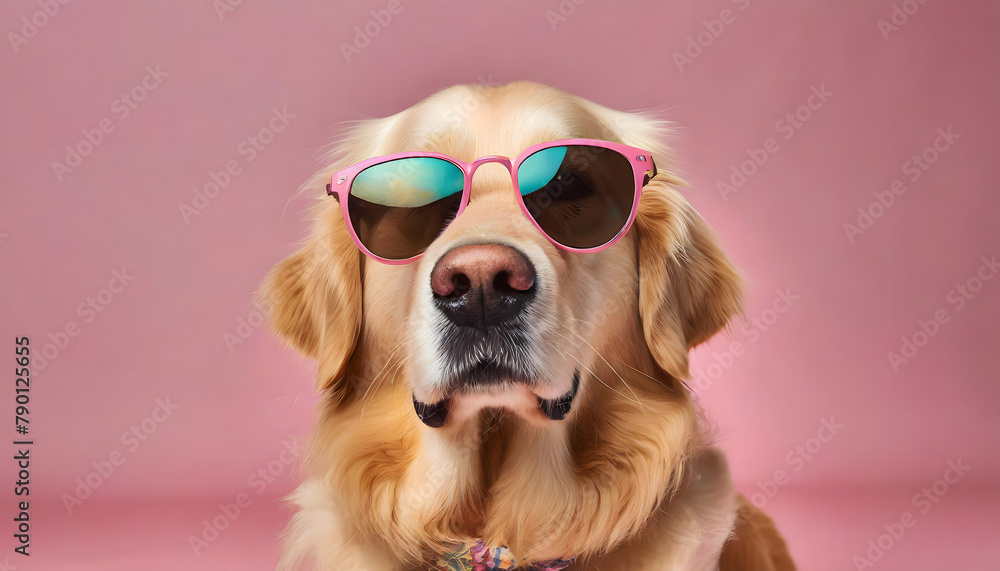 Golden retriever with sunglasses on pink background. Studio stylish dog fashion wallpaper.	