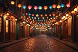 Festive Hues Dangle Overhead as Night Falls on Lantern-Lit Street