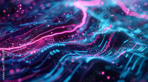 
A futuristic technology wavy background with neon lights pulsating, digital circuits intertwining, glowing particles floating in a dark digital space, photo